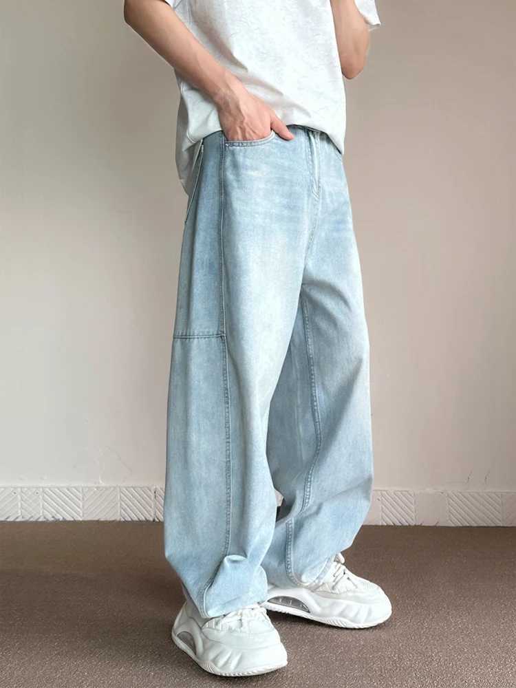 Mens Baggy Wide Legs Jeans Korean Fashion Streetwear Light Blue Patchwork Trend Y2K Loose Pants Washed Male Trousers W250118