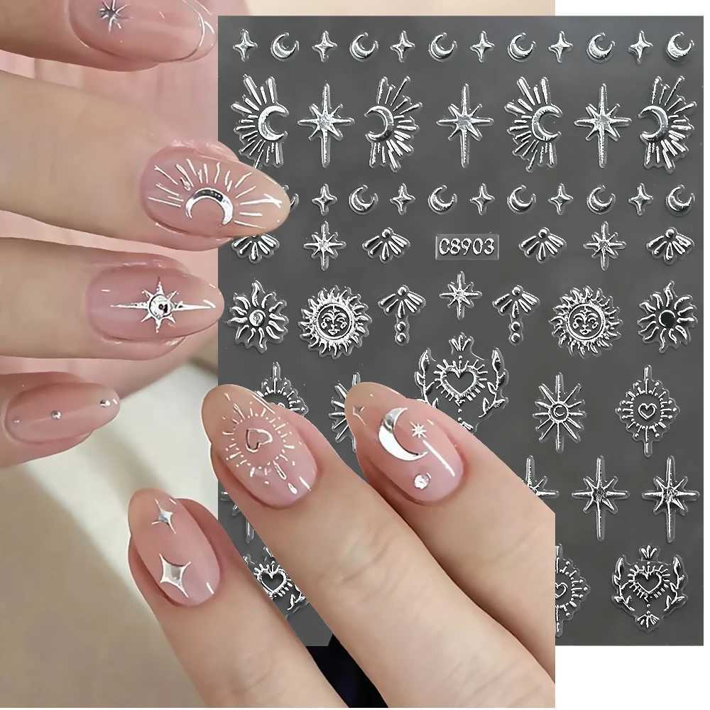 6pcs Golden Bronzing Nail Art Stickers Decals Sun Moon Star Pattern Gothic Nails Sliders For DIY Witchy Acrylic Nails DecorationXJ250120