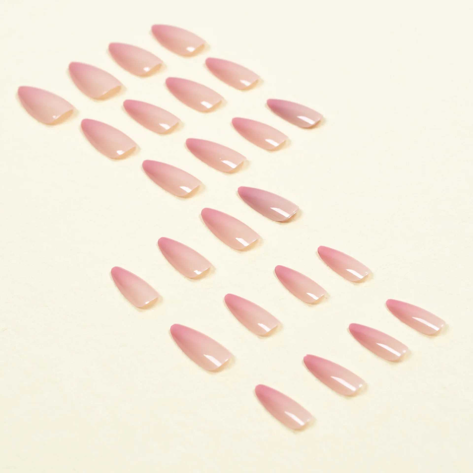 Ins Sweet Gradient Pink Fake Nail Patch Almond Gloss Korean Fake Nail Wearable 24 Piece Artificial Nail Free ShippingW250120