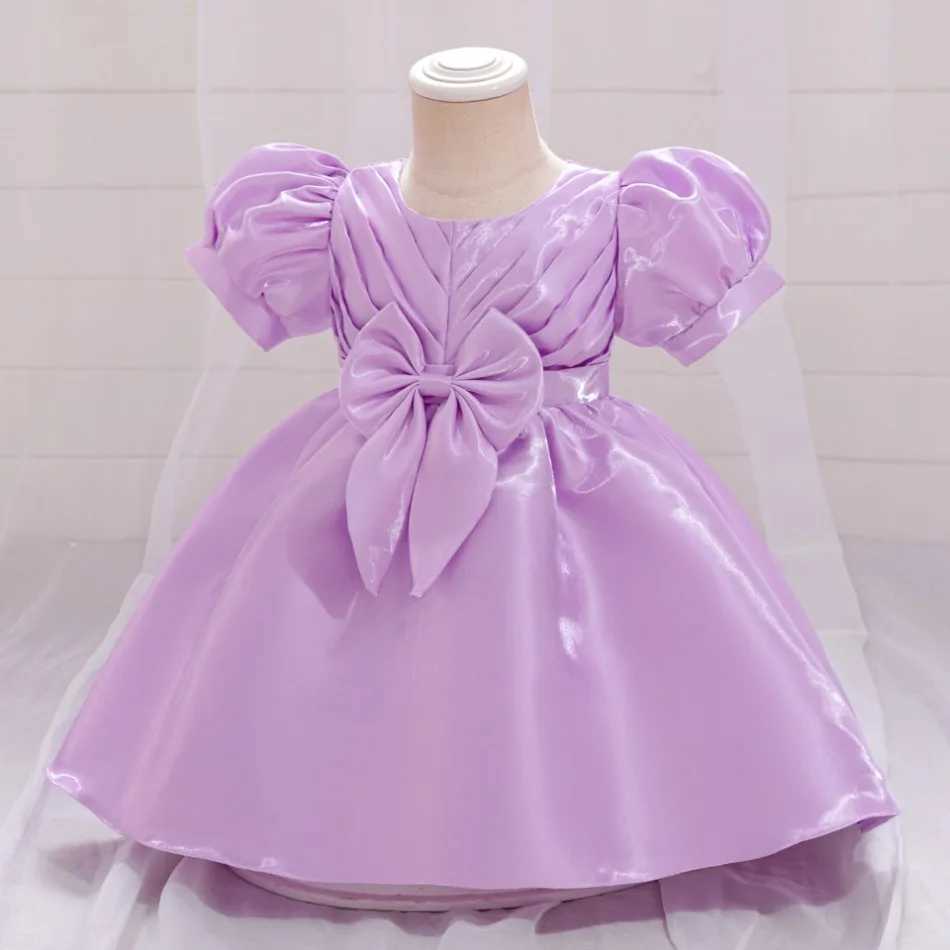 Fold Bow Baby Girls Party Dress Puff Sleeve Purple 1st Birthday Wedding Princess Dresses for Kids Baptism Bridemaid Prom Costume X250203