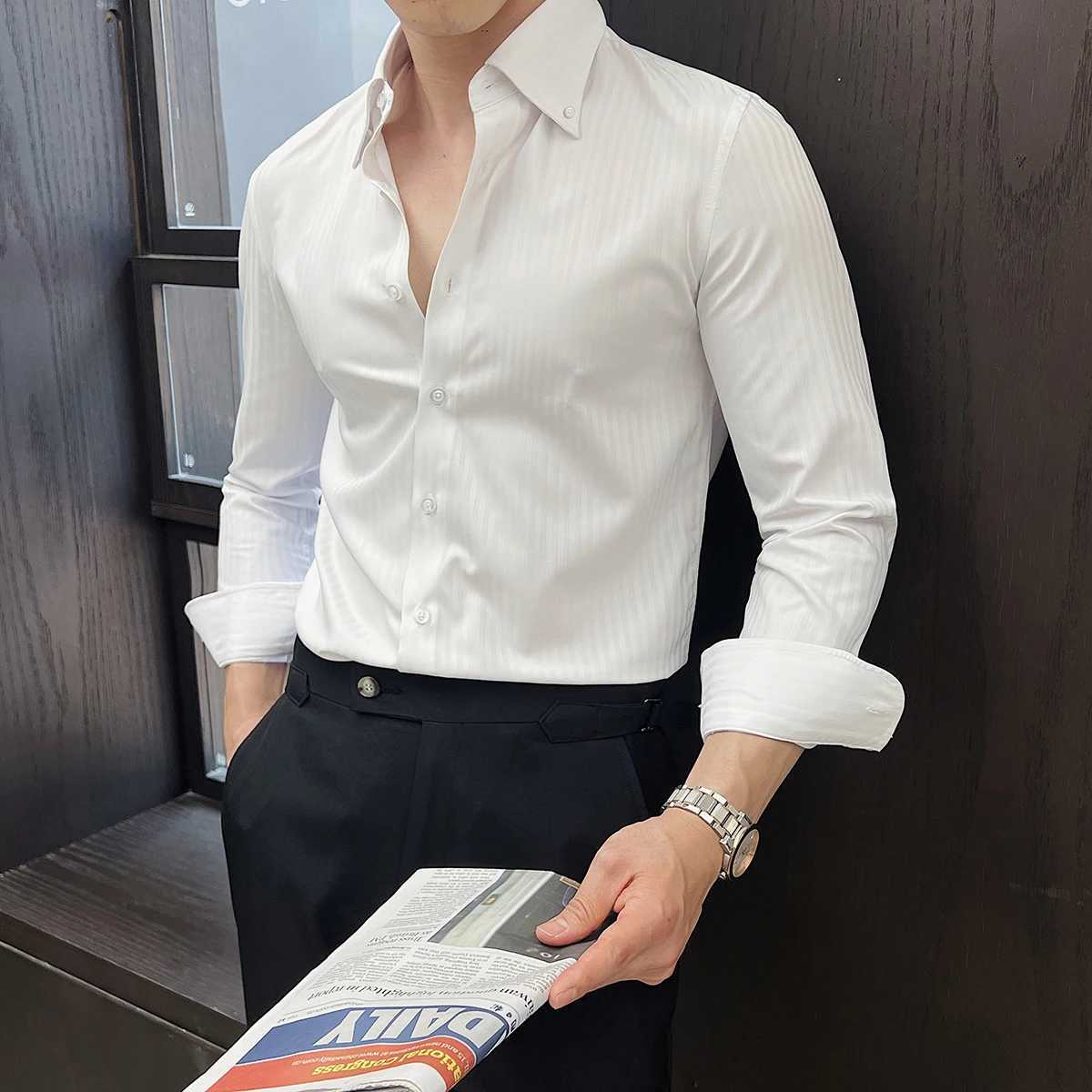 High-quality autumn mens new long-sleeve dark striped slim-fit shirt business casual formal workwear M-4XLXJ250121