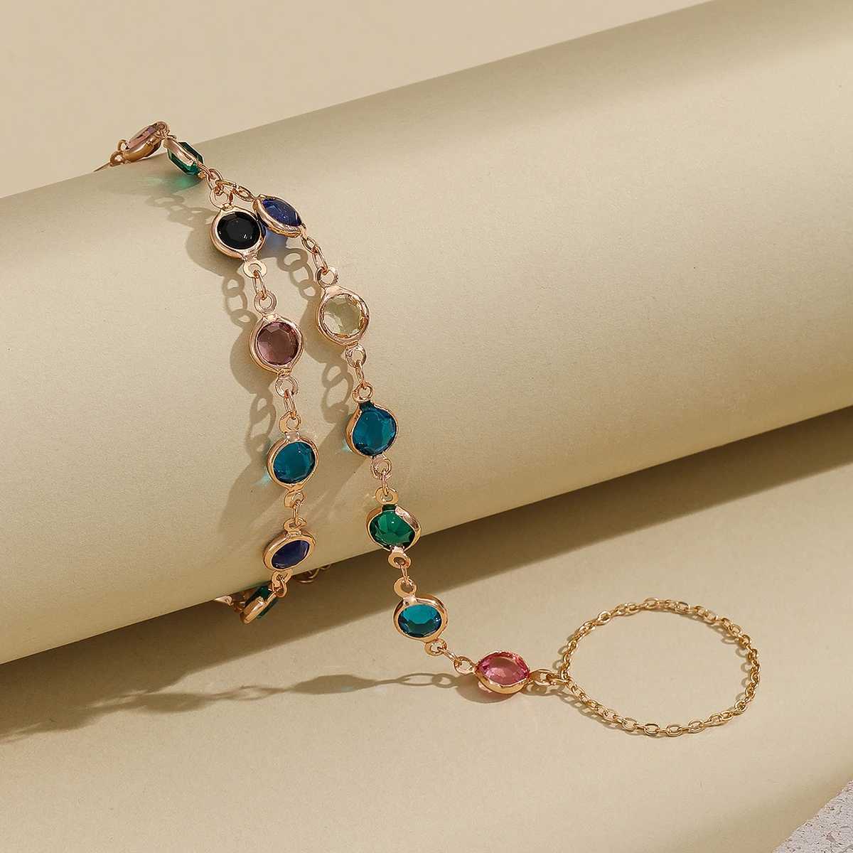 Exquisite Vintage Emerald Blue Crystal Boho Wrist Bracelet for Women Finger Ring Chain Charms Lady Trendy Aesthetic Jewelry Set W250121