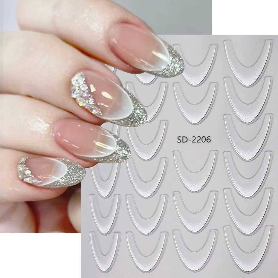 2/4pcs Gradient French Nail Decals Brozing Gold Silver Curved Striped Design Glitter Sticker 3D Dreamy Crescent Manicure SliderXJ250120
