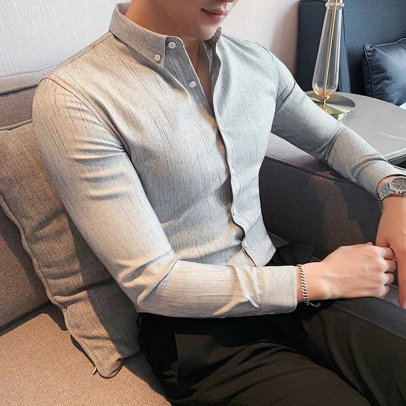 Retro Striped Shirt for Men 2023 Autumn New Slim Fit Business Formal Wear Dress Shirts Streetwear Social Party Clothing 4XL-MXJ250121