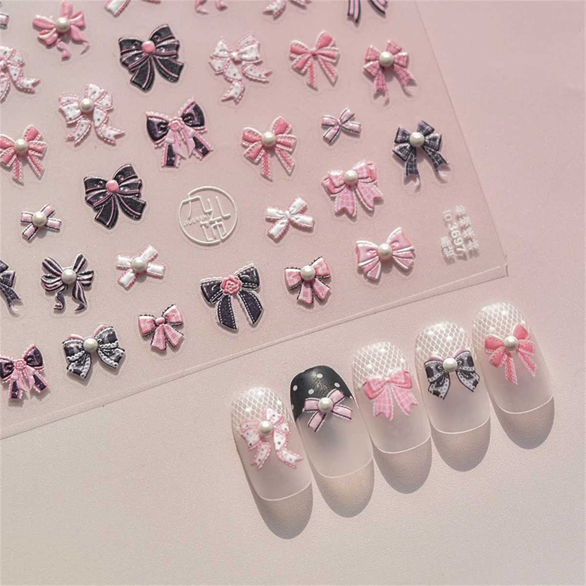 Pink Black Bowknot Retro White Lace Rose 5D Embossed Reliefs Self Adhesive Nail Art Stickers Vintage Manicure Decals WholesaleXJ250120