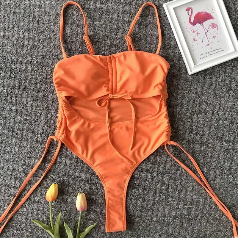 Neon Green Tummy Cut Out Female Swimwear One Piece Swimsuit Women Thong String Monokini High Cut Bathing Suit Swim Bodysuit 250109