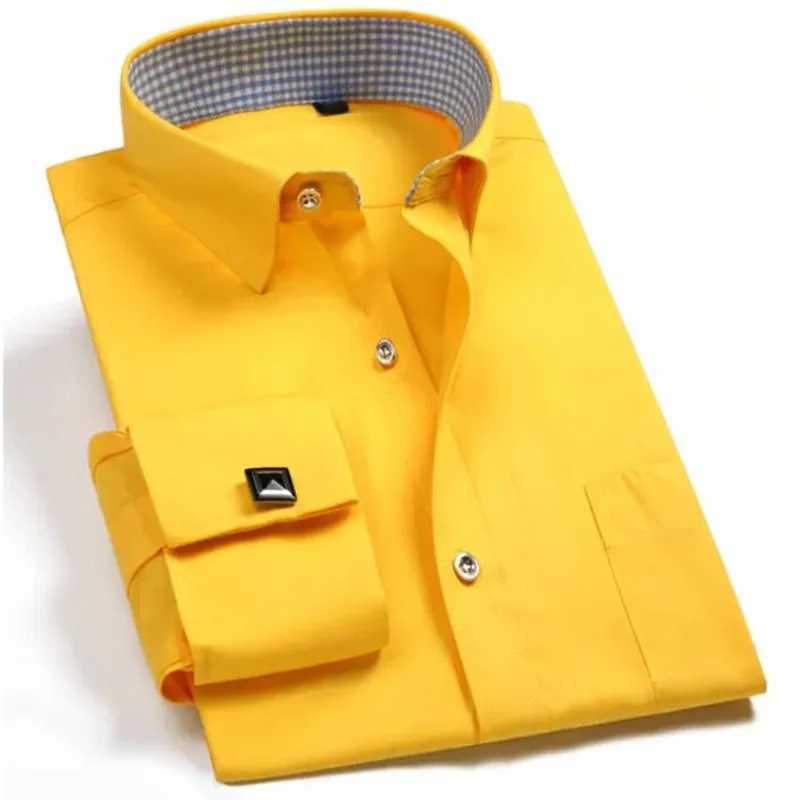 2024 New M~6XL Mens French Cuff Dress Shirt Yellow -White-Purple-Black Long Sleeve Formal Business Buttons Regular Fit ComfortXJ250121