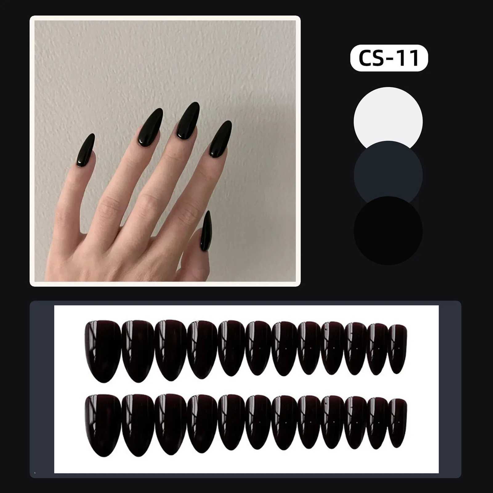 Almond Shape Mid-length Black Fake Nail Solid Color Eco-friendly Resin Artificial Nail For Girls Nail Extension Suit MatngW250120