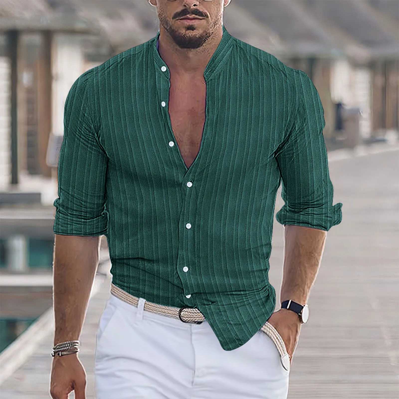 Europe and the United States new mens Casual Summer Cotton blended Stand collar Beach Long sleeve shirt Hawaii holiday stripe cXJ250121