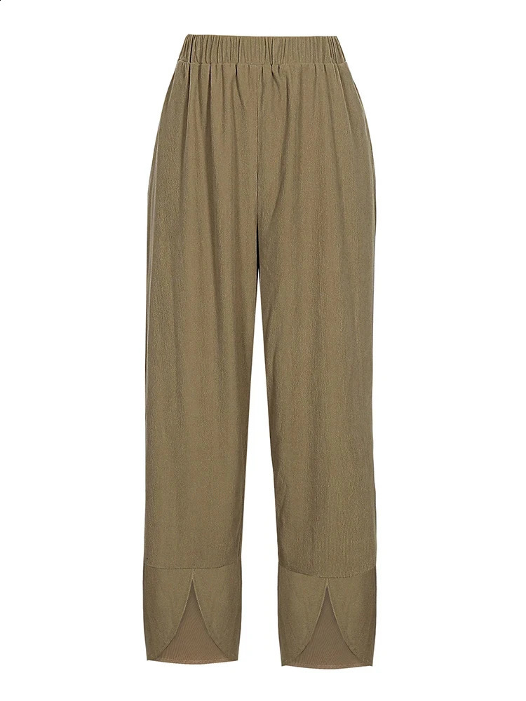 Plus Size 2024 Fall Womens Elastic Waist Wide Leg Pants Loose Casual Solid Color Nine Minute 250109