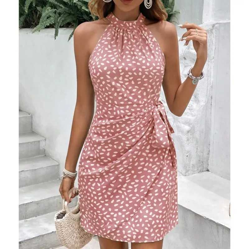 Womens Summer Fashion Hanging Neck Zipper Sveless Floral Pleated Short Dress Sexy Off Shoulder Lace-Up Mini Dress VestidosXJ250115