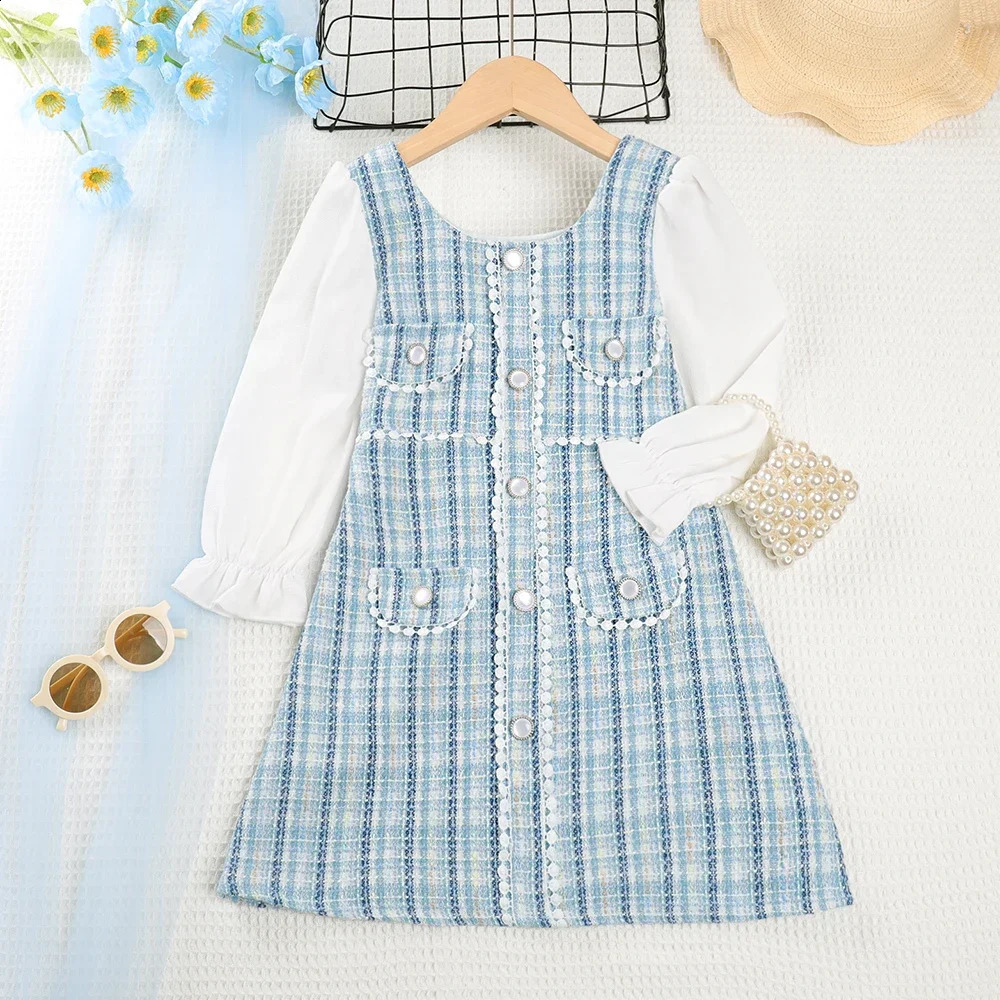 Menoea Girls Dress Autumn Round Neck Plaid Lace Button Long Sleeve Fashion Patchwork 250117