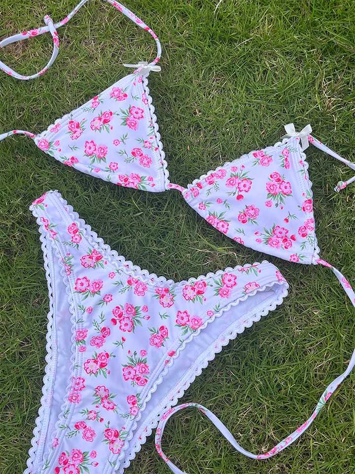 Floral Bikini Pink Swimwear Bow Swimsuit Women Low Waist Bathing Suit 2024 Summer Biquini Bandage Beachwear SexyXJ250120