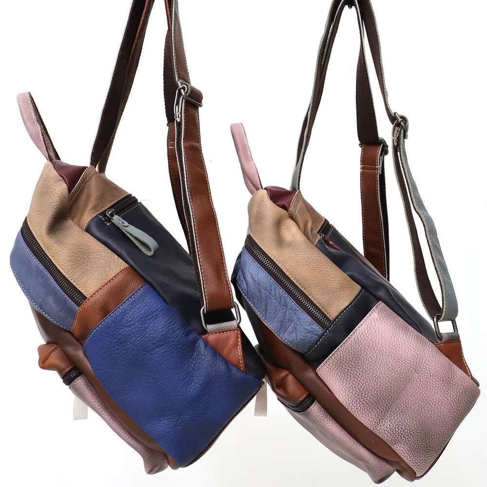 Painted Color Genuine Leather Patchwork Backpack Women Large Capacity Casual Retro Functional Shoulder Bag Knapsack Daily Travel