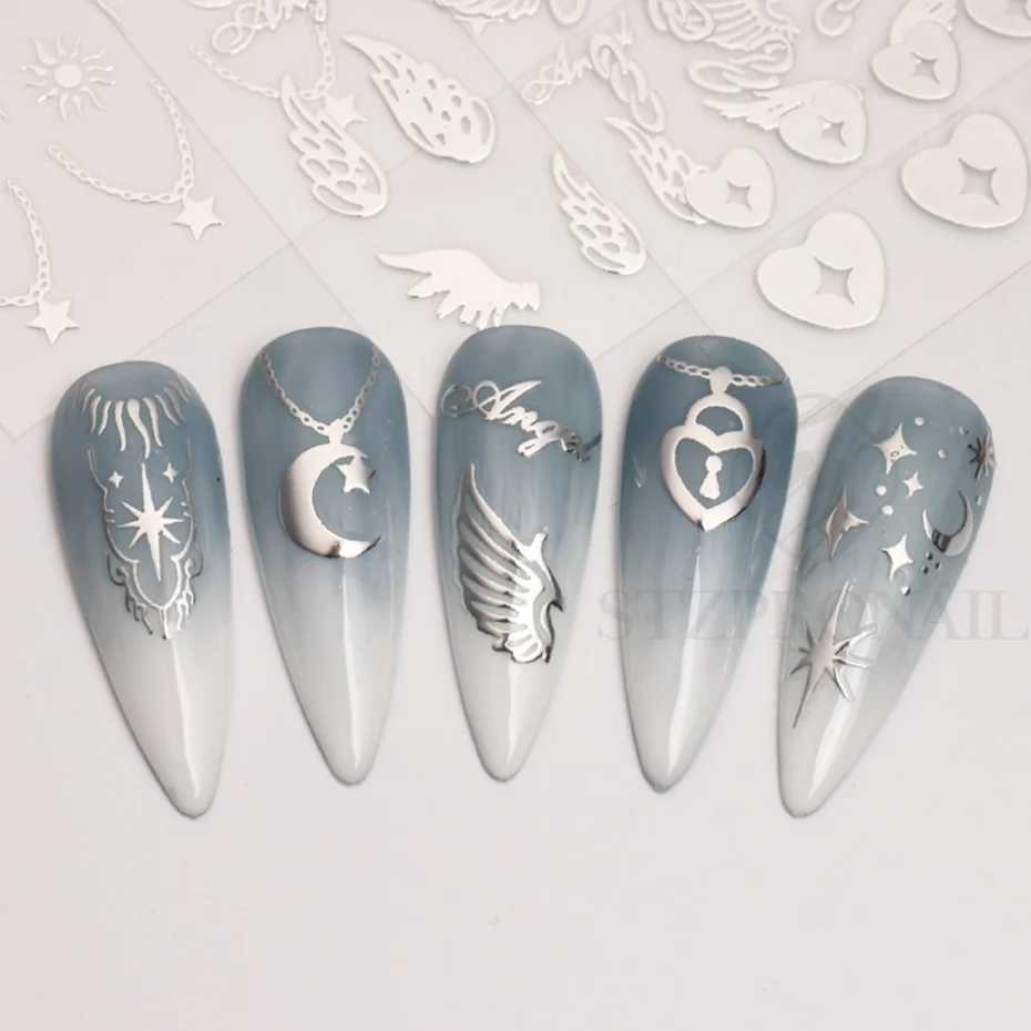Sliver Nails Stickers Mental Sun Moon Star Lock Angel Wing Decals Nail Charms 3D Adhesive Sliders Spring Decor Accessories SLSWTXJ250120