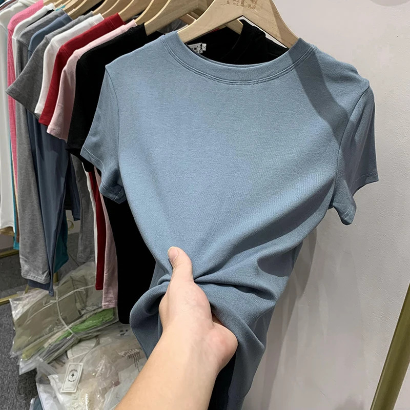 100% Cotton T Shirt Women Summer Slim Solid Basic Tees Casual Tshirt Korean O Neck Black White Gray Short Sleeve Tops 250122