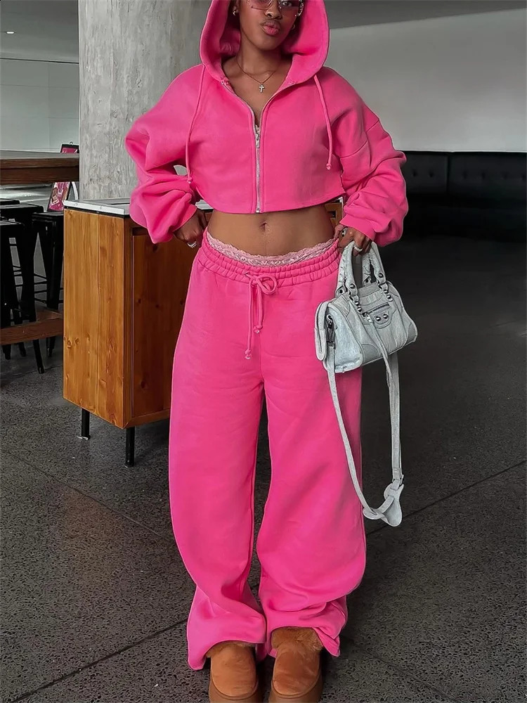 Weird Puss Casual Sporty 2 Piece Set Women Hooded Cardigan Crop JacketDrawstring Straight Pants Solid Simple Classic Tracksuit 250122
