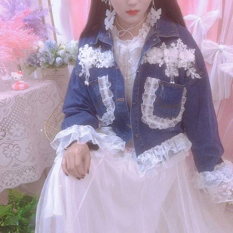Stereo Flower Beading Diamonds Denim Jacket Y2k High Street Early Autumn Chic Coat Lace Patchwork Single-breasted Sweet Jaquetas 250116