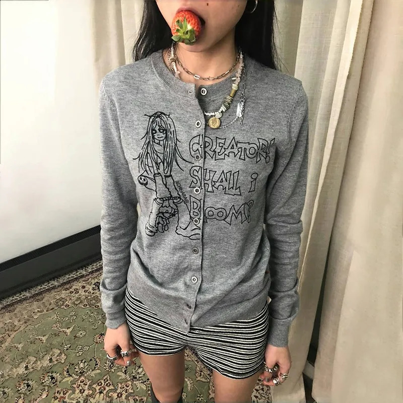 Karrram Japanese Y2k Anime Print Cardigans Vintage Harajuku Knitted Outerwears Korean Style Grey Knitwear American Retro 2000s 250122