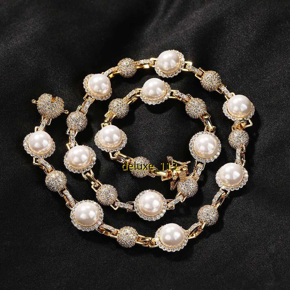 Vintage men's folded hoodie with diamond and pearl necklace High Quality Pearl Mens Womens Iced Out Gold Chains Necklaces Vintage Hip Hop Necklac