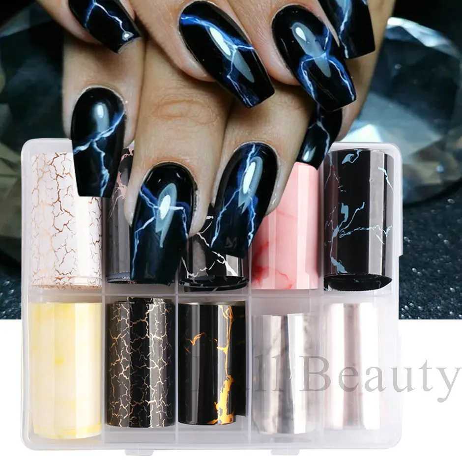 10 Roll/Box Marble Gold Foils Nail Stickers Holographic Iridescent Marble White Black Transfer Paper Decal Manicure Decor SACX04XJ250120