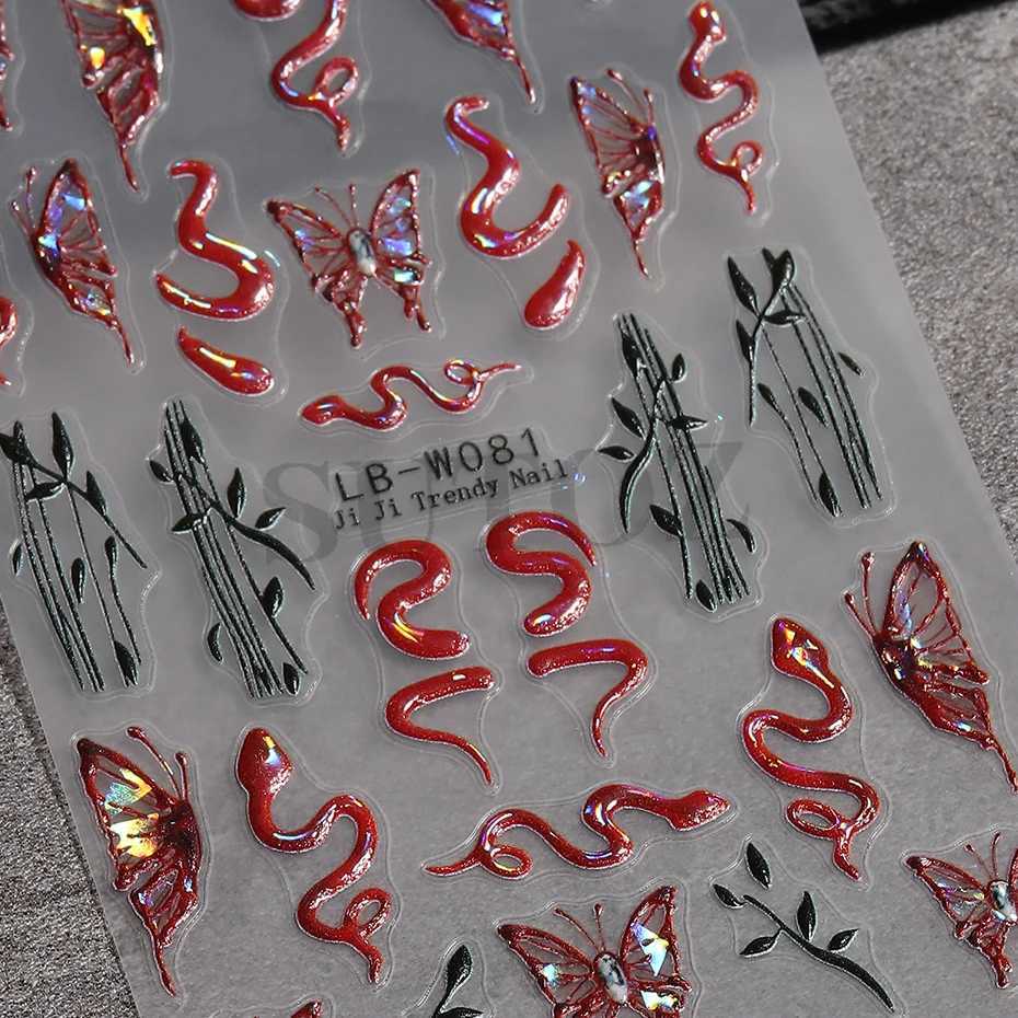 Red Laser Snakes Butterfly 3D Nails Stickers Retro Snakelike Patterns Cool Girl 2025 New Year Nail Decoration Manicure LELB-W081XJ250120