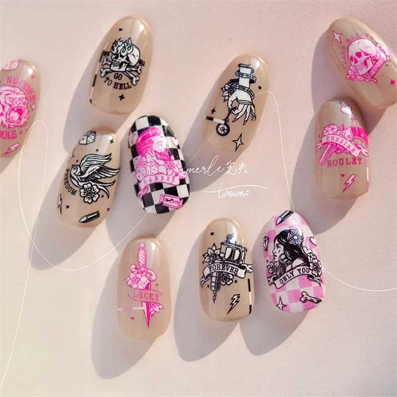 Retro Black Line Skull Man Woman 5D Embossed Relief Self Adhesive Nail Art Sticker Bear Bunny Hand Bird Horror 3D Manicure DecalXJ250120