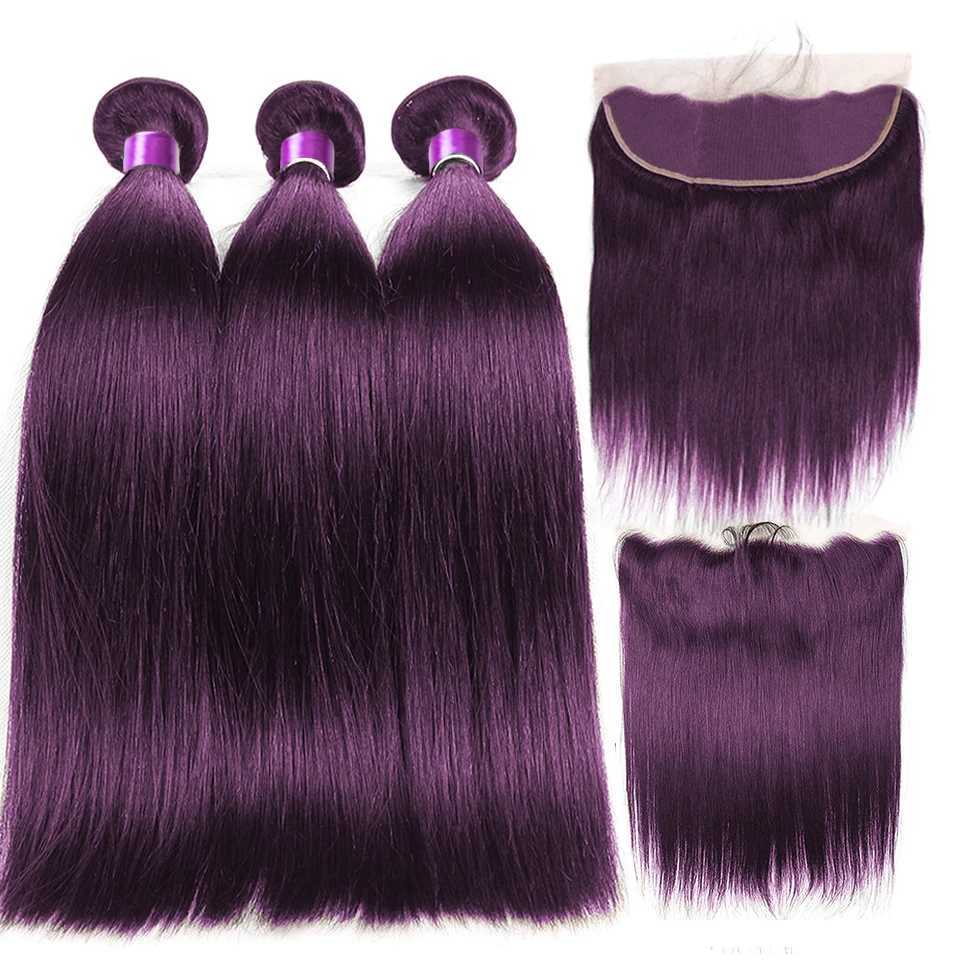 Colored Dark Purple Straight Human Hair Bundles With Clo Lace Clos With Bundles Virgin Hair Weave Bundles With CloXJ250120
