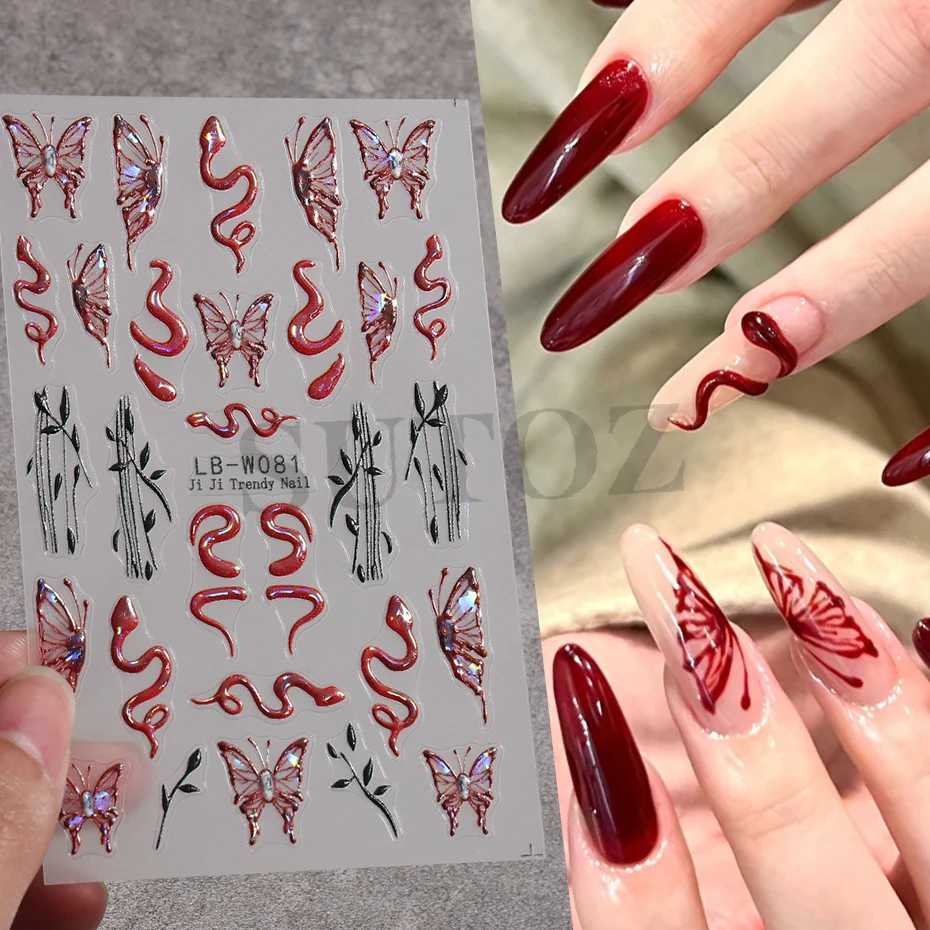 Red Laser Snakes Butterfly 3D Nails Stickers Retro Snakelike Patterns Cool Girl 2025 New Year Nail Decoration Manicure LELB-W081XJ250120