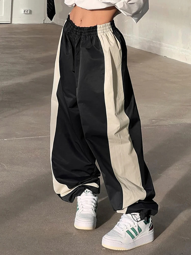 Contrast Patchwork Track Pant Elastic High Waist Casual Loose Hippie Baggy Trousers Woven Jogging Sweatpants 250113