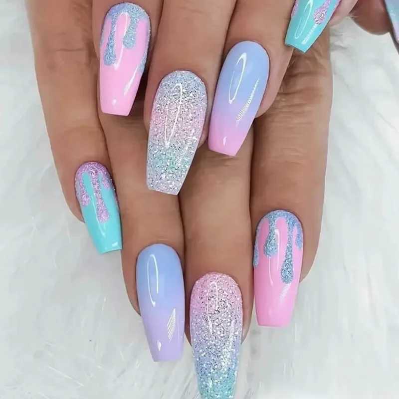 24Pc/set Girl Pink Blue Gradient On Ballet Fake Nails Acrylic Press on Nail Tips Removable Artificial Wearing False Nails ArtW250120