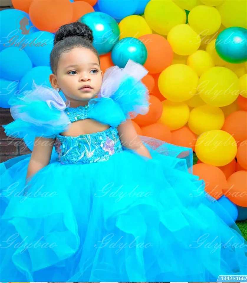Fluffy chiffon blue luxury flower girl dress ball dress bridesmaid dress ruffled edge application birthday little girl Christmas X250203