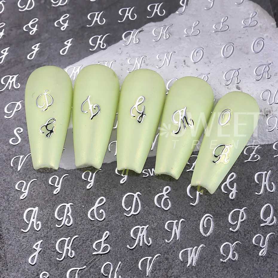 3D Metallic English Nail Stickers Black White Gold Silver Art Letter Alphabet Self-adhesive Holographic Slider Nail DecorationXJ250120