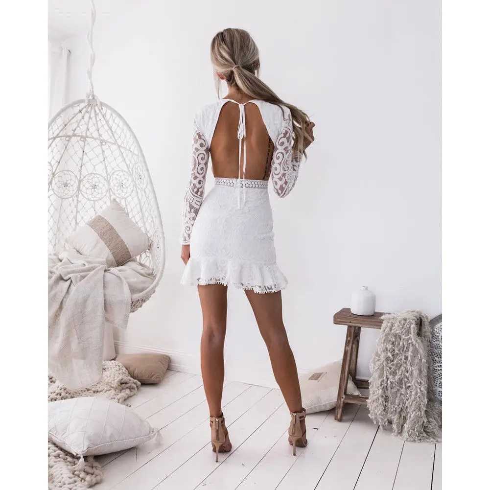 Women Sexy Long Sves Evening Party Short Mini White Dress Bodycon Backless Dress Plus SizeXJ250115