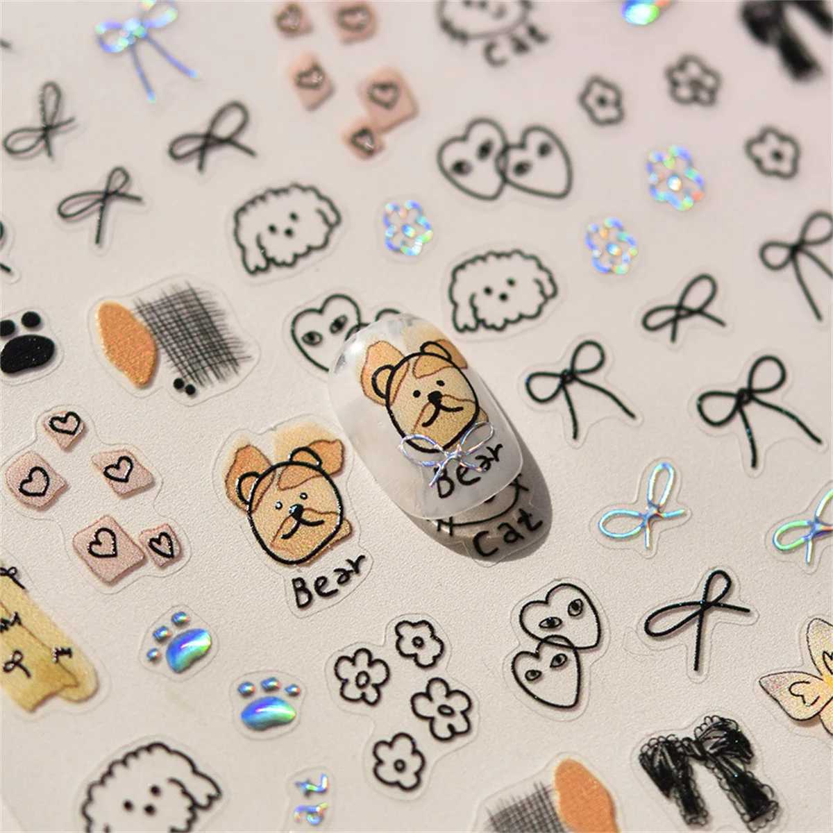 1pcs Cute Sketching Graffiti Animal Cat Dog Rabbit Bear Laser Nail Art Sticker Designs Self Adhesive Decoration Decal AcessoriesXJ250120