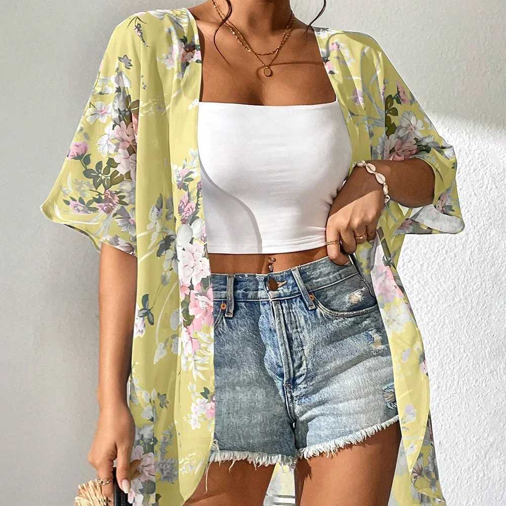 2024 Beach Wear covered luxury womens social shirt fashion top 3D printed batwing sleeve chiffon kimono swimsuit for women W250120