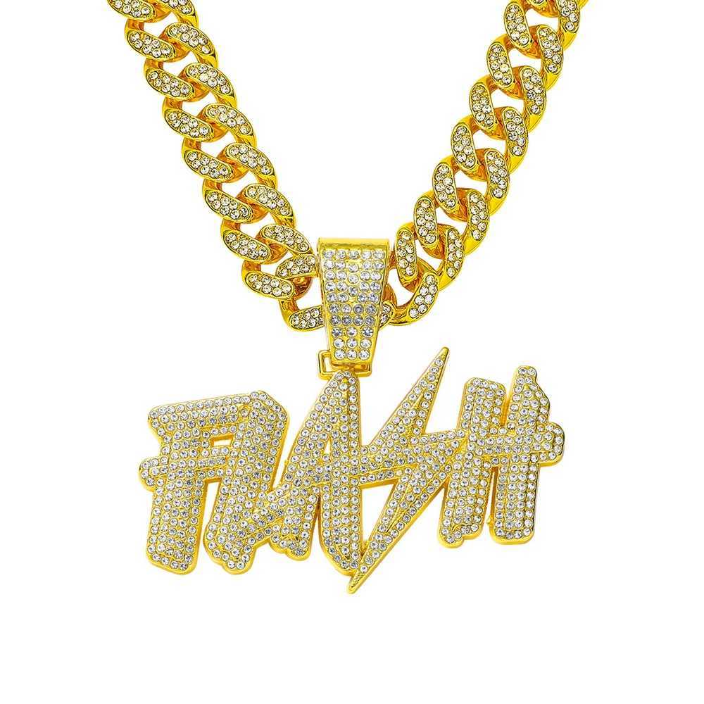 New Hip Hop Flash Lightning Large Letter Pendant Necklace With 13mm Cuban Chain Letters Necklaces For Mens Women Rapper JewelryXJ250121