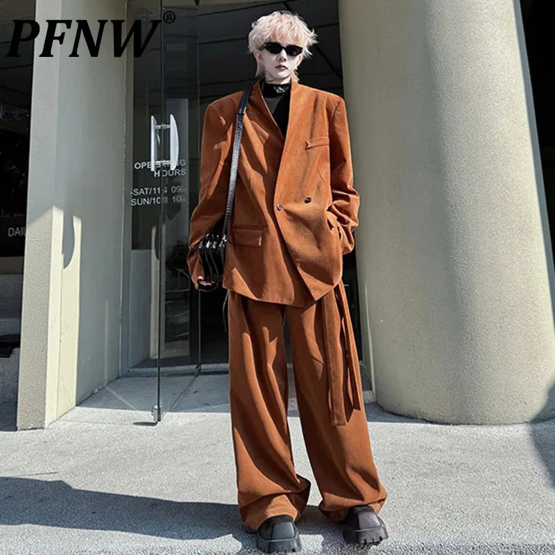 PFNW 2025 Spring Sets Lapel Loose Mens Double Breasted Suit Belt Casual Wide Leg Pants Suit Suede Retro Runway Niche 250121