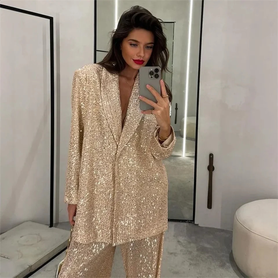 Fashion Sequines Jacket Pants Suit Loose One Button Long Sleeve Coat Wide Leg Pant Autumn Slim Lady Commuting Sets 250114Z