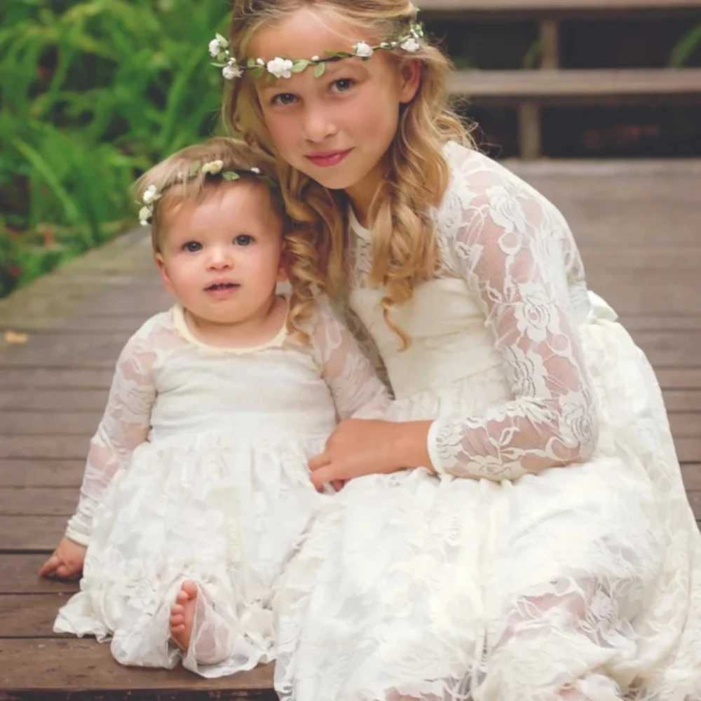 Kids Christening Wedding Bridesmaid Clothes 2-14 Year Flower Girl Dresses White Beige Long Sleeve Summer Dress Communion Toddler X250203
