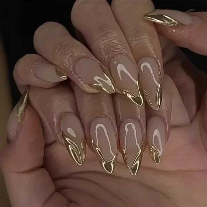 24Pcs French Gold Edge Wearable Almond Press on Fake Nails Simple l Decoration False Nails with Glue Full Over Manicure TipsW250120