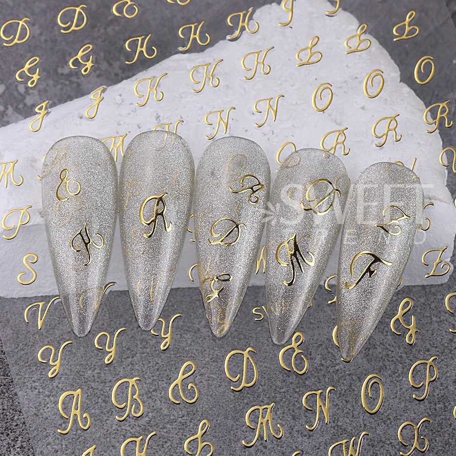 3D Metallic English Nail Stickers Black White Gold Silver Art Letter Alphabet Self-adhesive Holographic Slider Nail DecorationXJ250120