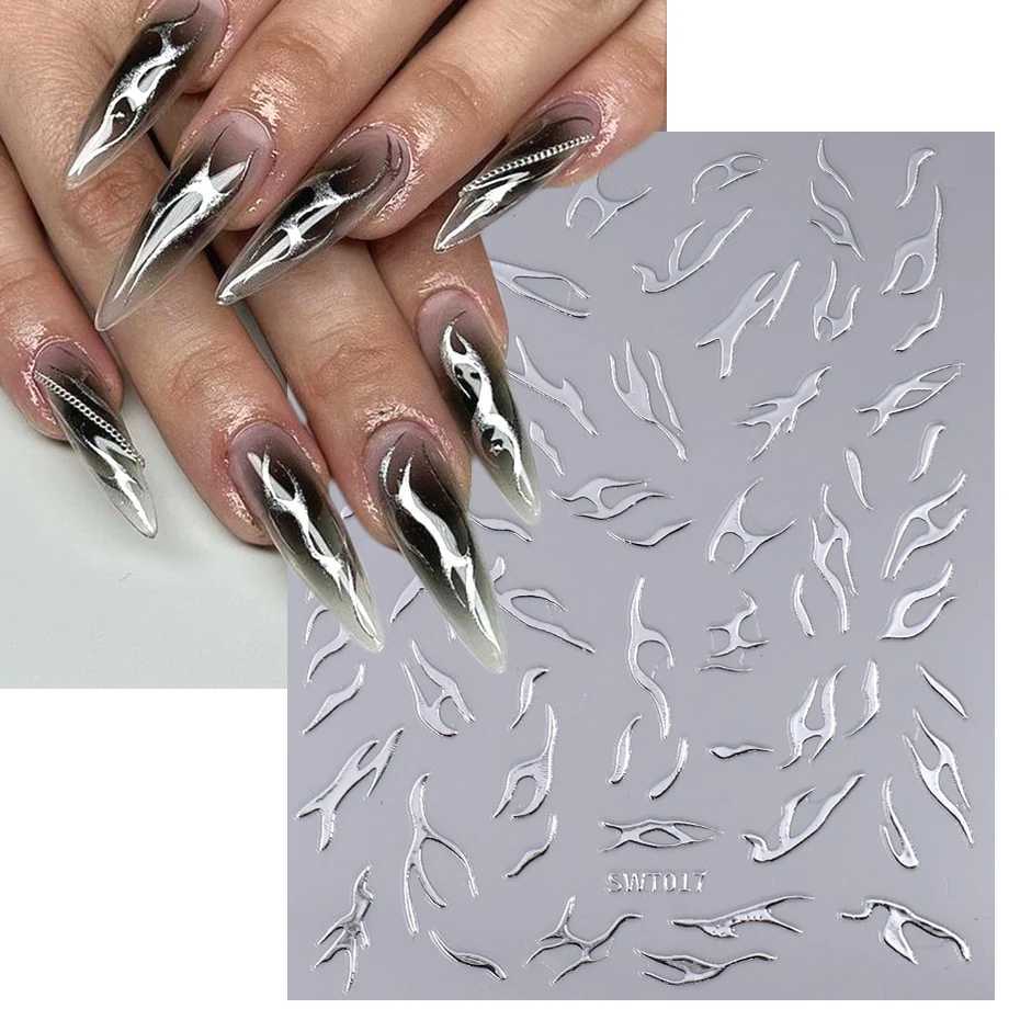 Metallic Silver Flame Nail Stickers Striped Wavy Line Tribal Fire Tatton Slider Holographic 3D Manicure Tips Decoration JISW-TXJ250120