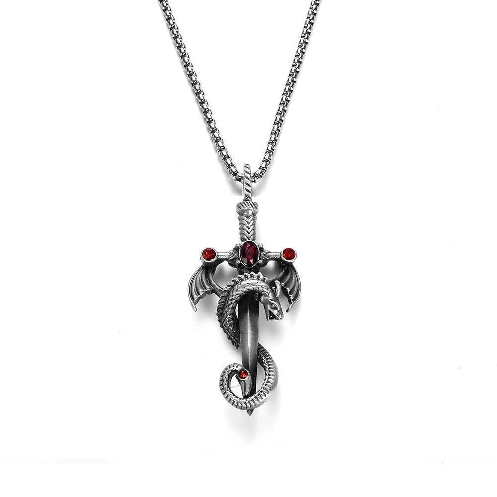 Vintage Silver Color Dragon Sword Cross Pendant Necklace for Men Womens Goth Punk Long Chain Necklace Hip Hop JewelryXJ250121