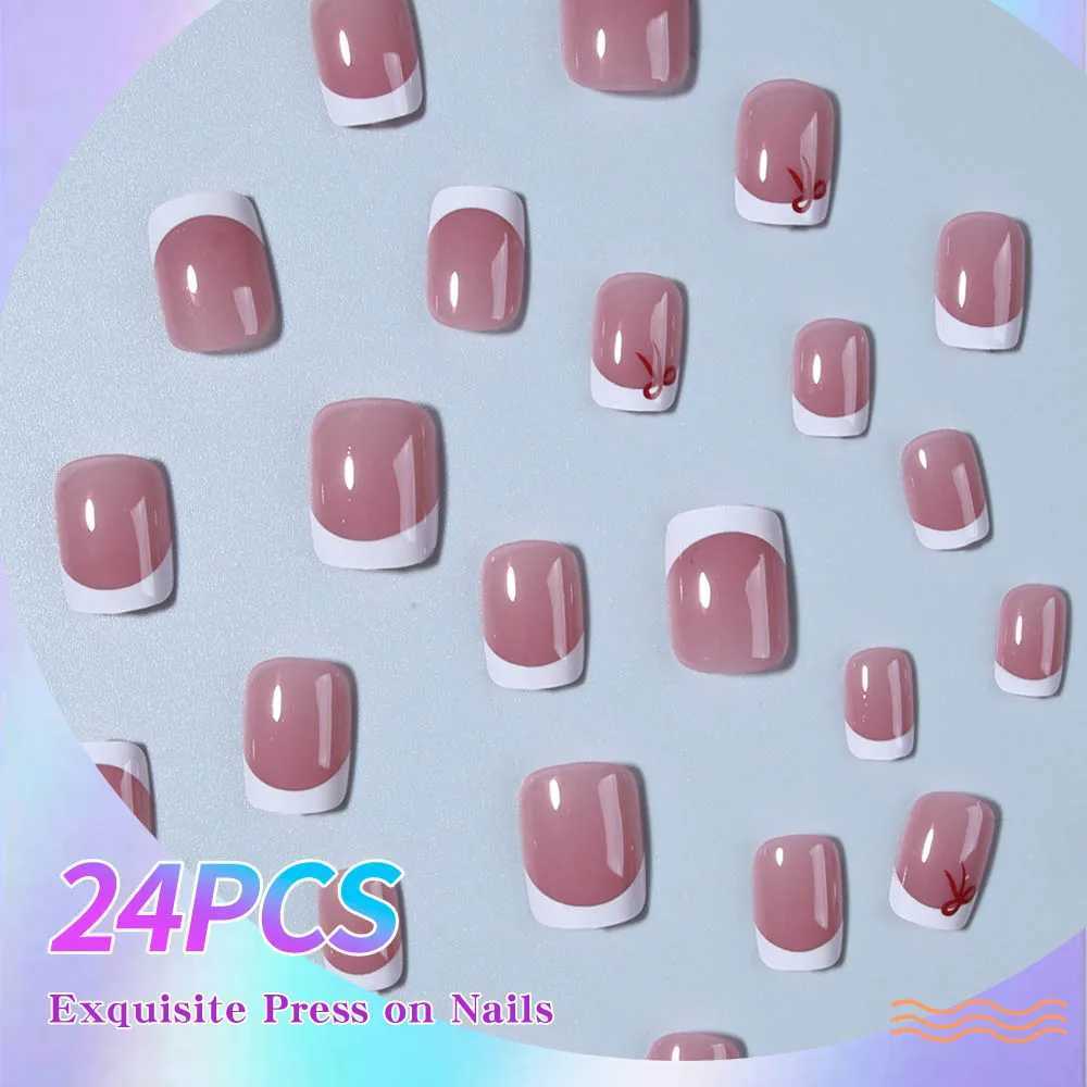 24pcs short square press nails simple white French nails with bow trim short coffin shaped fake nails for women and girls incW250120