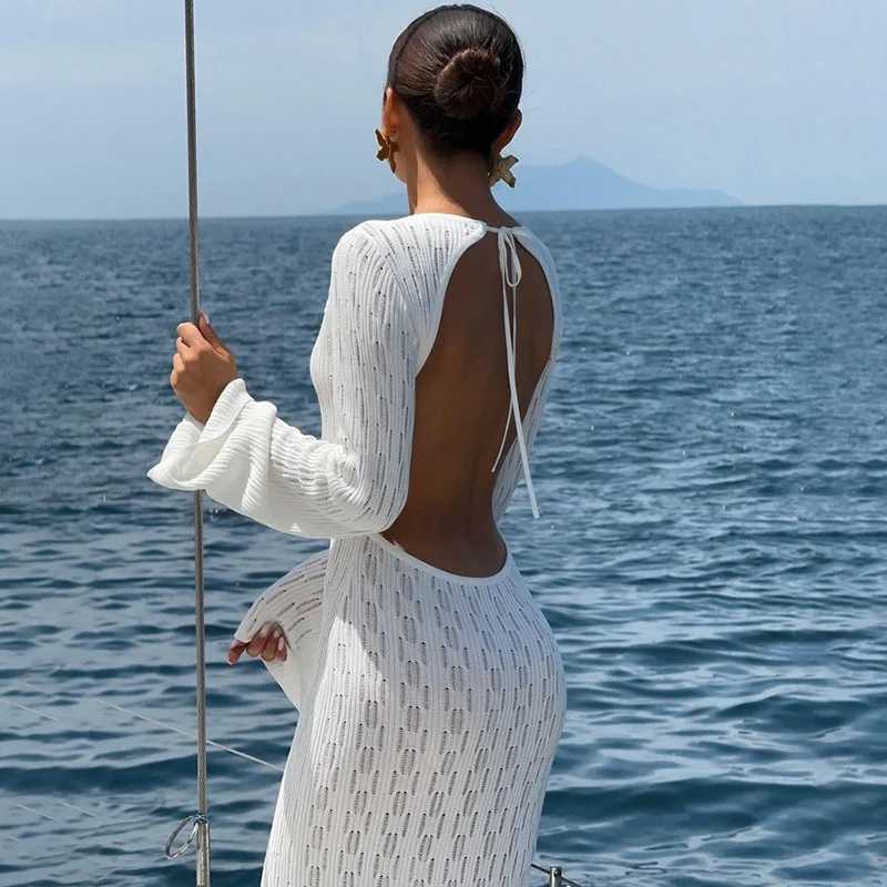 One Piece Sexy Backl Bandage Knit Dr Long Sleeve Crochet Swimsuit Women Swimwear Summer Beach Bikini Cover up skirt W250120