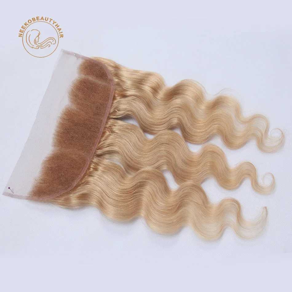 Honey Blonde Human Hair Bundles with Lace Frontal Ash Blonde Colored Hair Bundles with Frontal Body Wave Hair Color #27XJ250120
