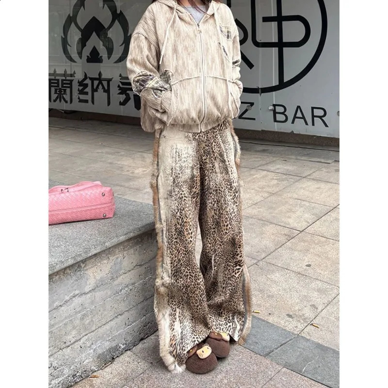 American large size raw edge stitching leopard print high waisted jeans women spring tie fashion floor-length pants 250118