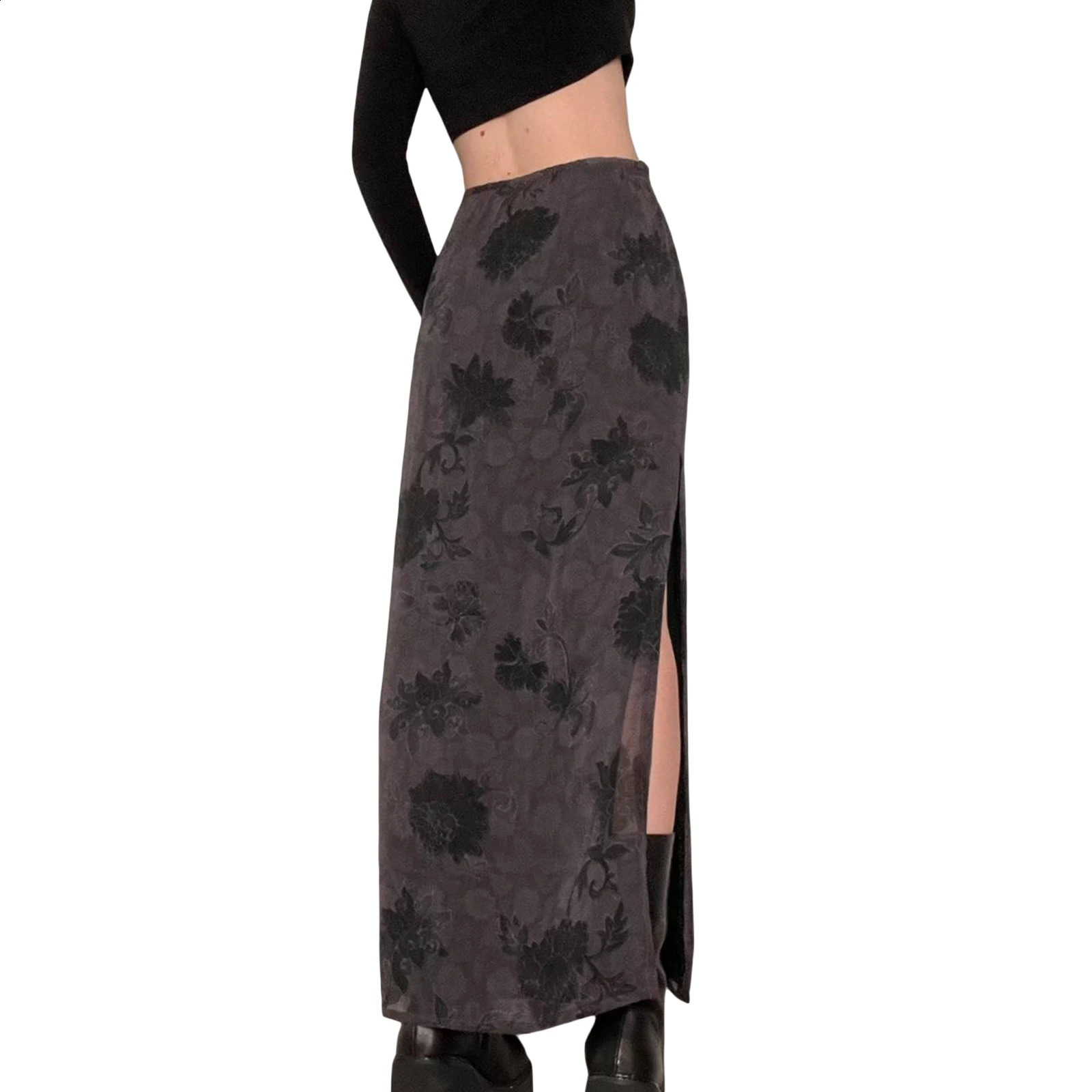 Women Gothic Grunge Y2K Skirts High Waist Floral Split Bodycon Long Skirt 2023 Summer Casual Bohemian Streetwear 250110