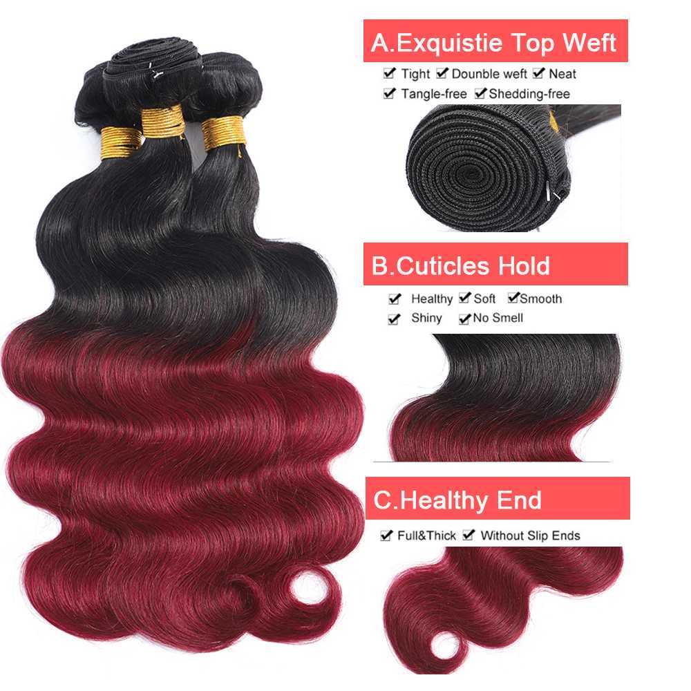Ombre Body Wave Bundles With Clo 1B/99J Human Hair Bundles With Clo Brazilian Burgundy Bundles with CloXJ250120
